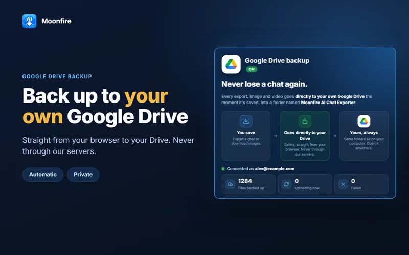 Moonfire backing up chats to your own Google Drive