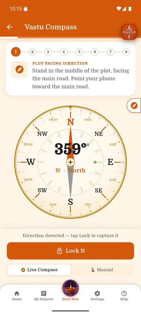 Vastu Compass live compass reading 359 degrees North