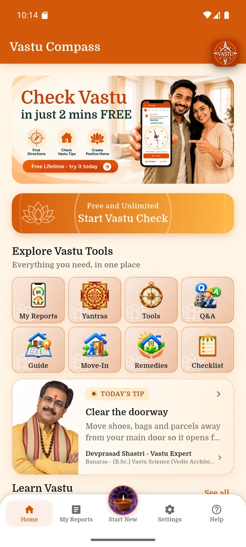 Vastu Compass home screen with Vastu tools