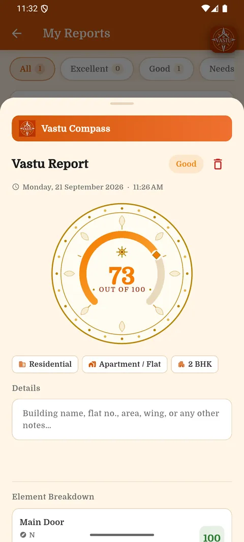 Vastu Compass report with a score of 73 out of 100