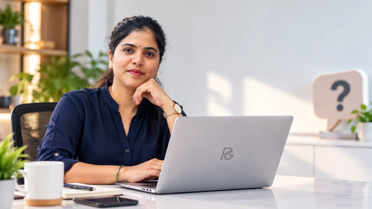 Business owner considering a question while working at her laptop