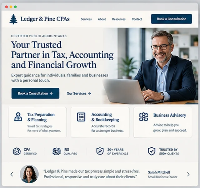 Ledger & Pine CPAs sample website template for accounting and financial practices