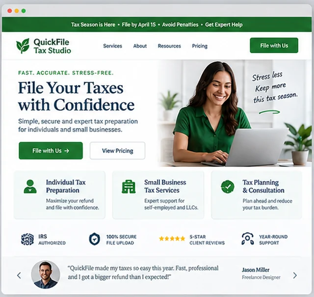 QuickFile Tax Studio sample website template for accounting and financial practices