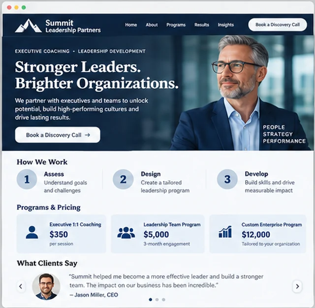 Summit Leadership Partners sample website template for coaches and consultants