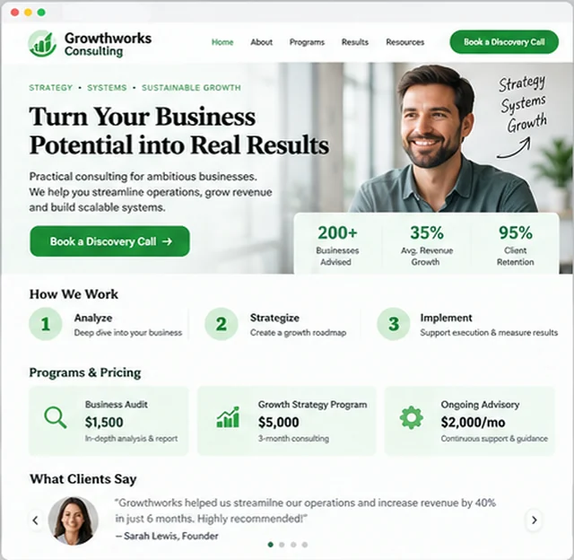 Growthworks Consulting sample website template for coaches and consultants