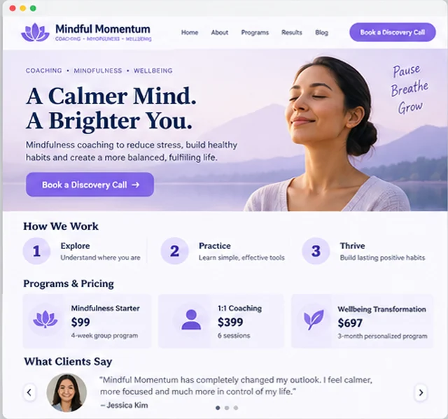 Mindful Momentum sample website template for coaches and consultants