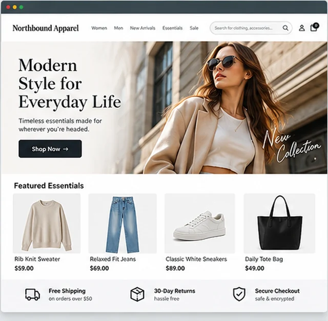 Northbound Apparel sample website template for online stores
