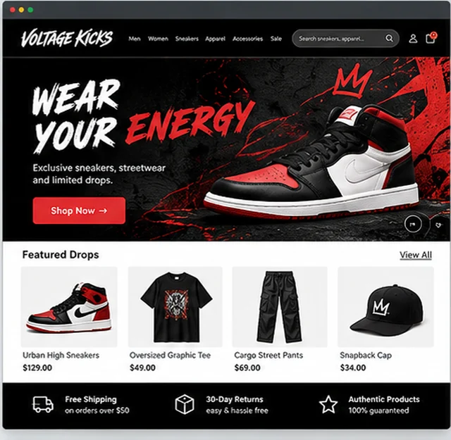 Voltage Kicks sample website template for online stores