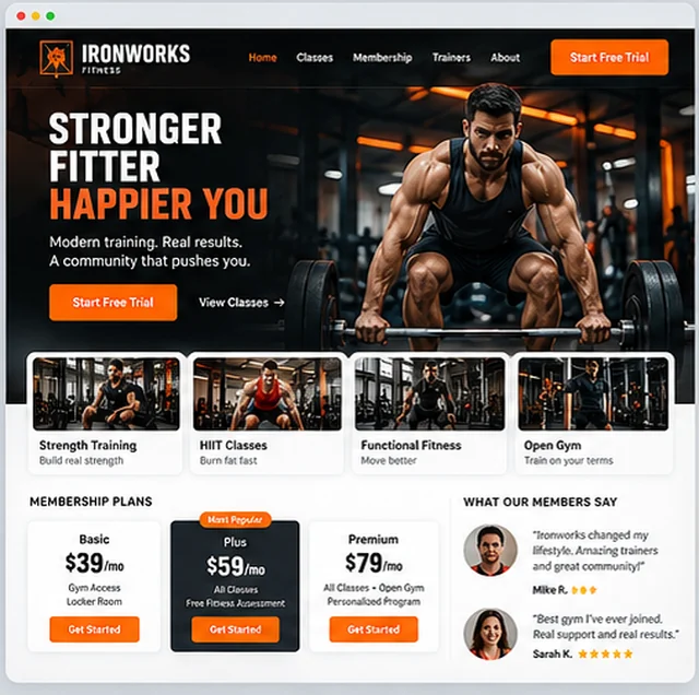 Ironworks Fitness sample website template for gyms, studios and wellness practices