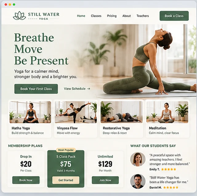 Still Water Yoga sample website template for gyms, studios and wellness practices