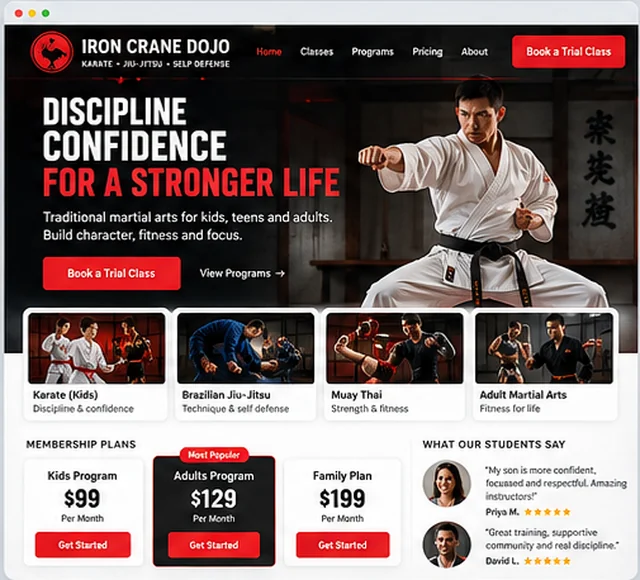 Iron Crane Dojo sample website template for gyms, studios and wellness practices