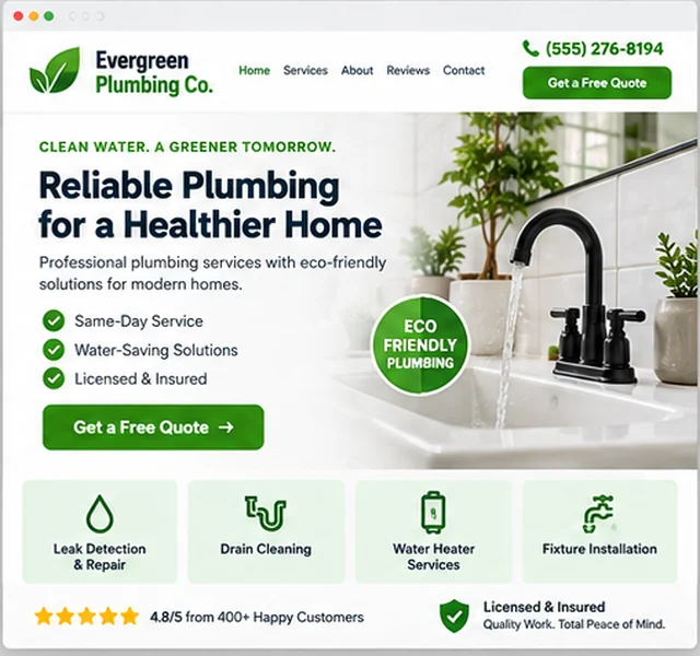 Evergreen Plumbing Co. sample website template for home service companies