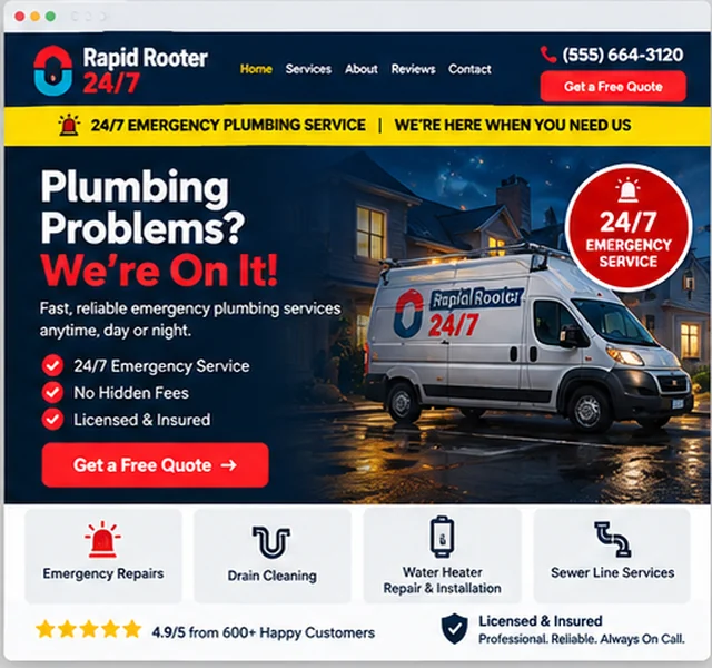 Rapid Rooter 24/7 sample website template for home service companies