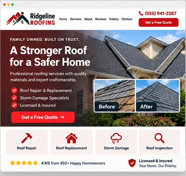 Ridgeline Roofing sample website template for home service companies