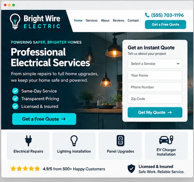 Bright Wire Electric sample website template for home service companies