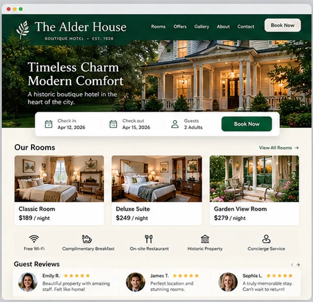 The Alder House sample website template for small hotels, B&Bs and vacation rentals
