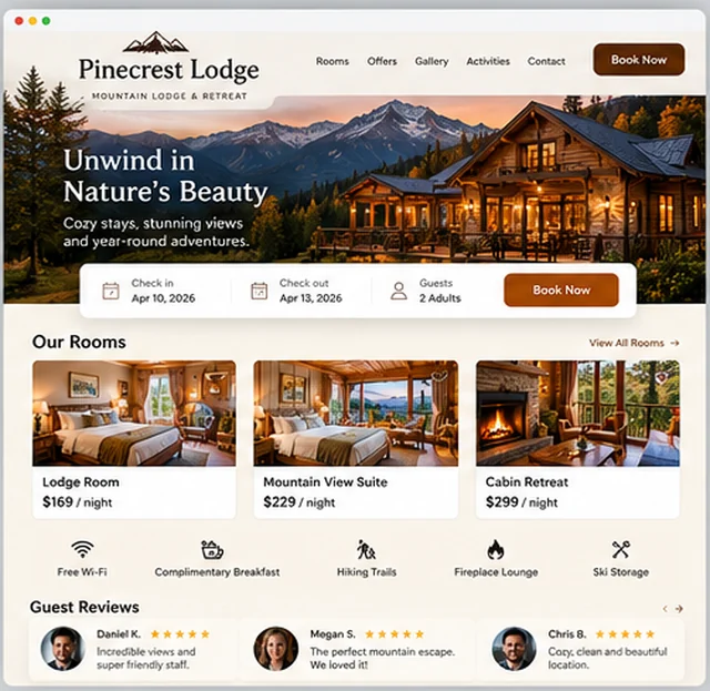 Pinecrest Lodge sample website template for small hotels, B&Bs and vacation rentals