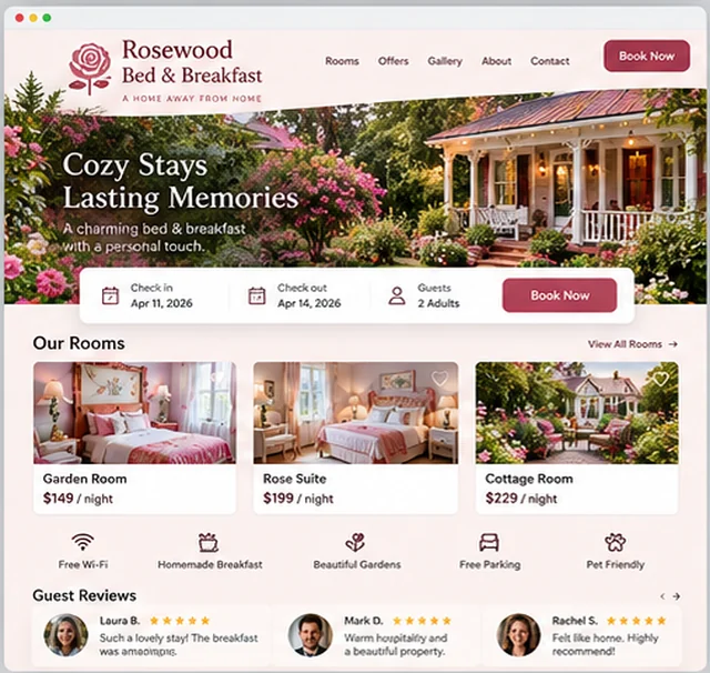 Rosewood Bed & Breakfast sample website template for small hotels, B&Bs and vacation rentals
