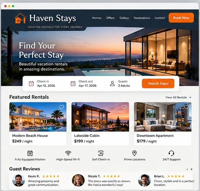 Haven Stays sample website template for small hotels, B&Bs and vacation rentals