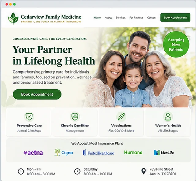 Cedarview Family Medicine sample website template for dental and medical practices