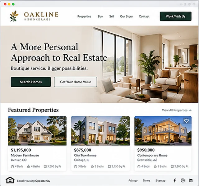 Oakline Brokerage sample website template for real estate agents and brokerages
