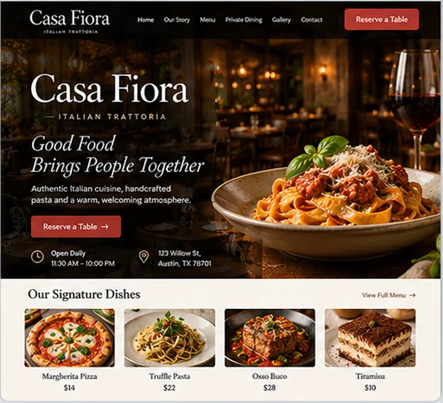 Casa Fiora sample website template for restaurants and cafes