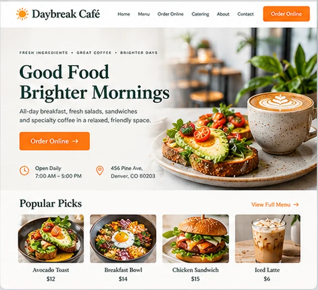 Daybreak Café sample website template for restaurants and cafes