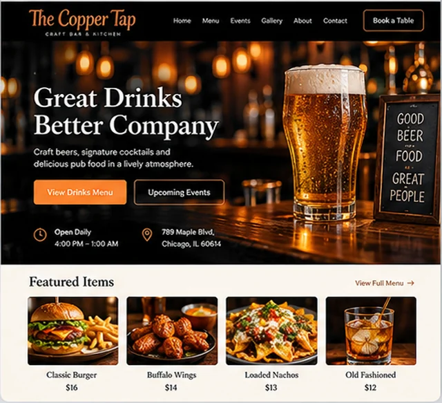 The Copper Tap sample website template for restaurants and cafes