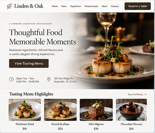 Linden & Oak sample website template for restaurants and cafes