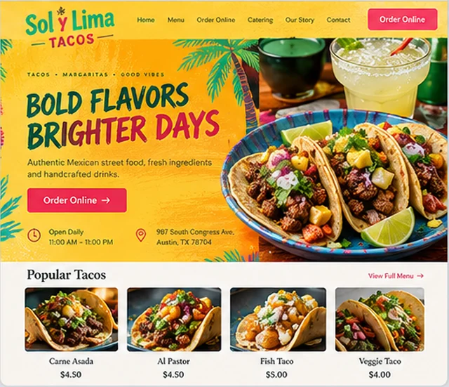 Sol y Lima Tacos sample website template for restaurants and cafes