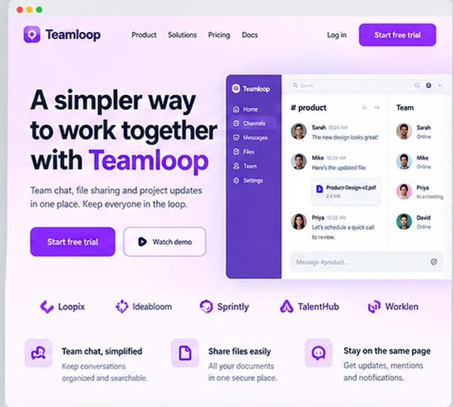 Teamloop sample website template for SaaS and software companies