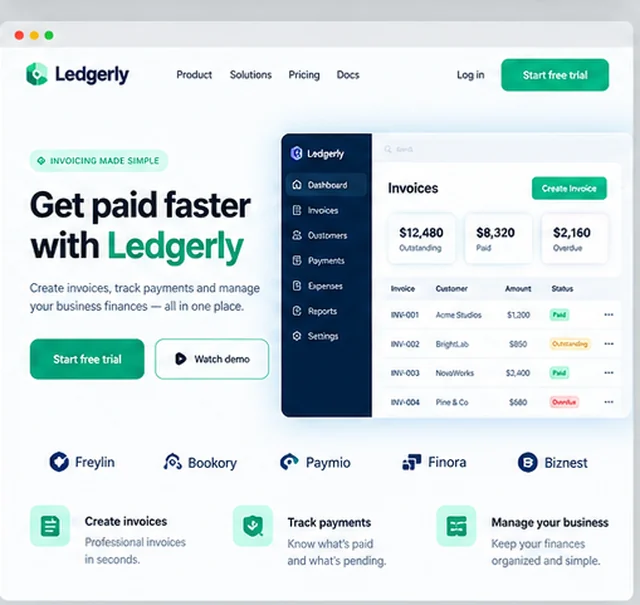 Ledgerly sample website template for SaaS and software companies