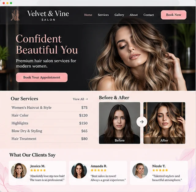 Velvet & Vine Salon sample website template for salons and spas