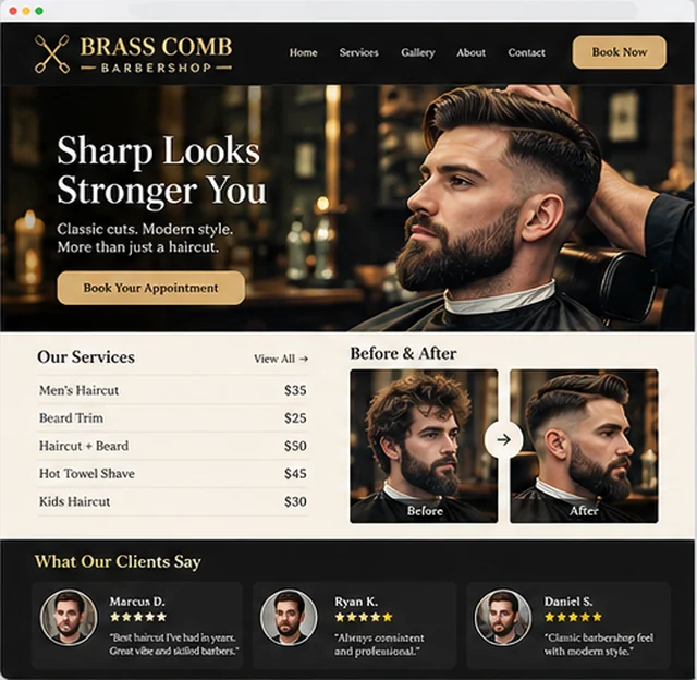 Brass Comb Barbershop sample website template for salons and spas