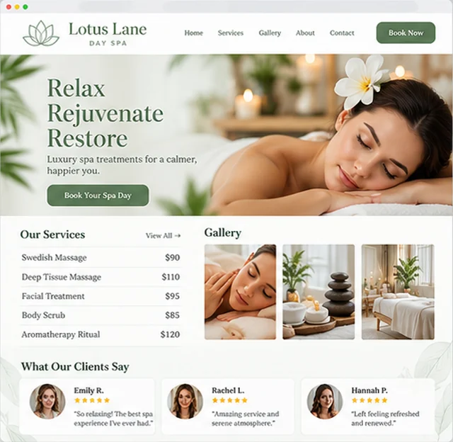 Lotus Lane Day Spa sample website template for salons and spas