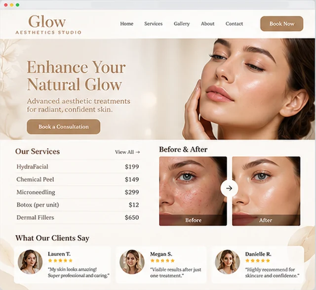 Glow Aesthetics Studio sample website template for salons and spas