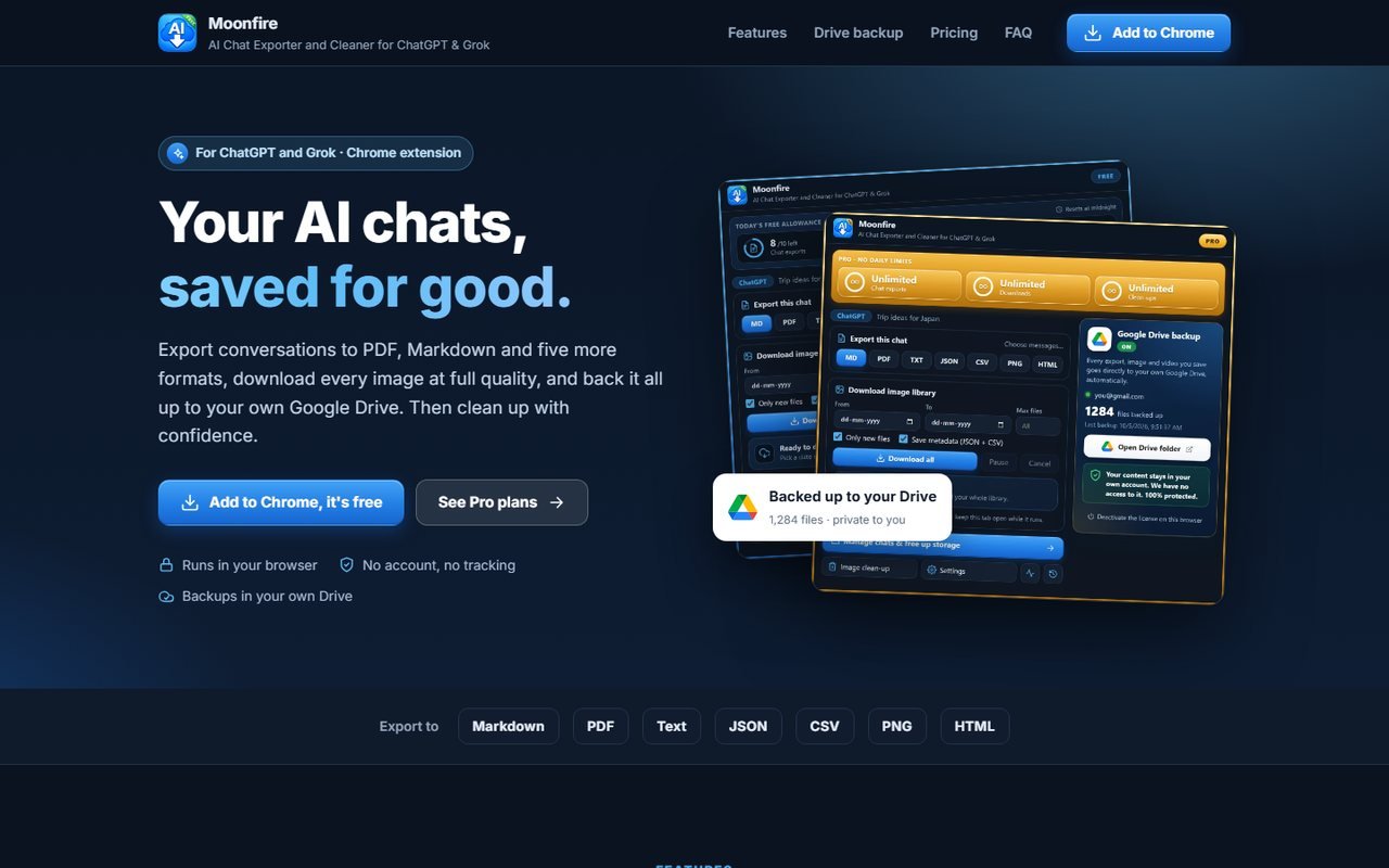 Screenshot of the Moonfire AI Chat Exporter website