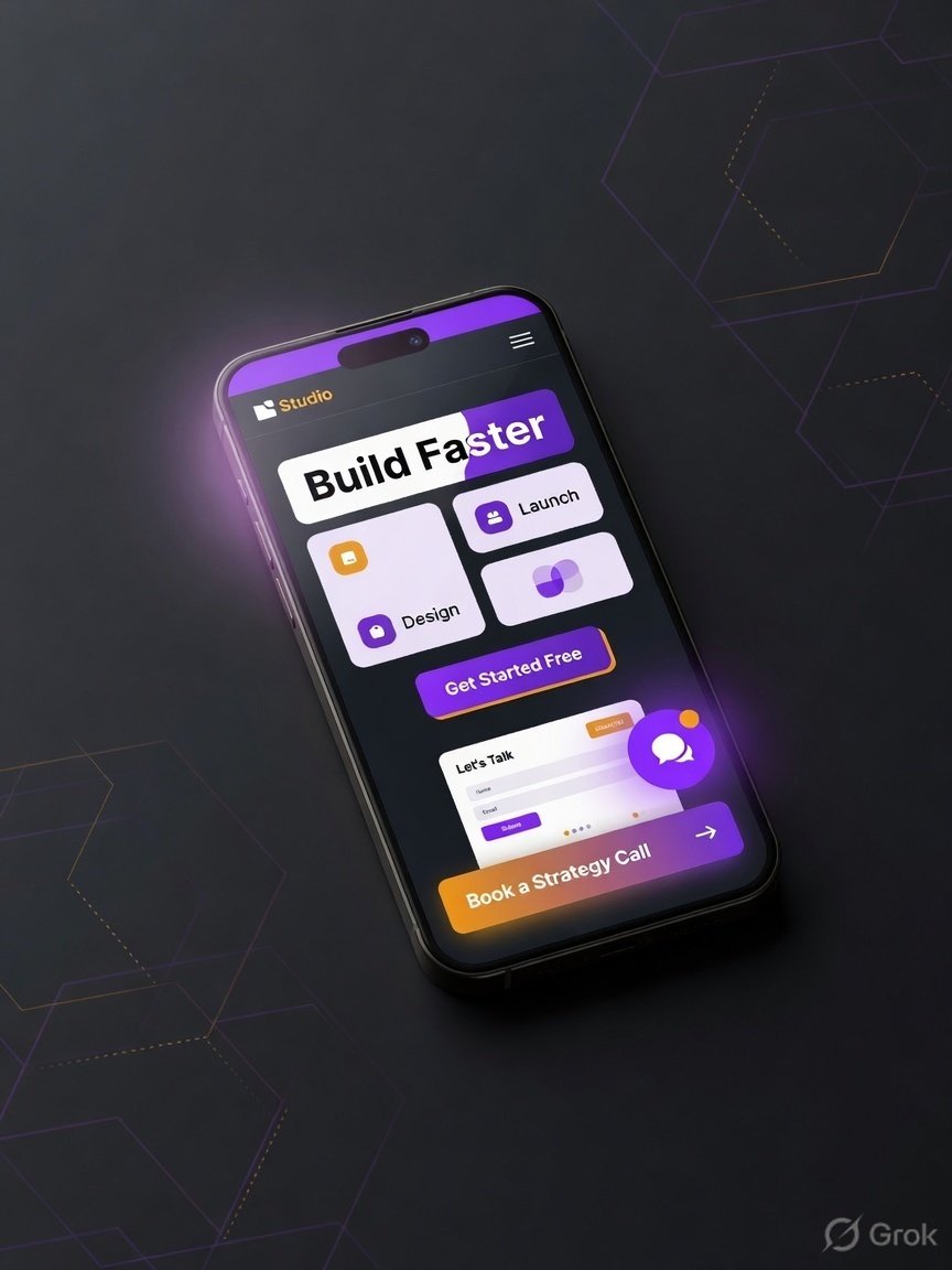 Premium smartphone showing an app-like mobile website with large CTAs and floating chat button