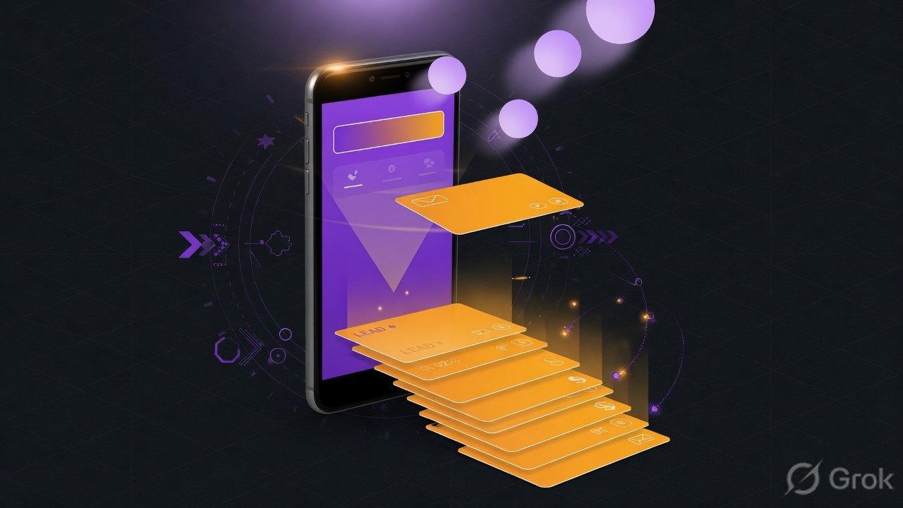 Abstract mobile phone converting visitors into stacked lead cards